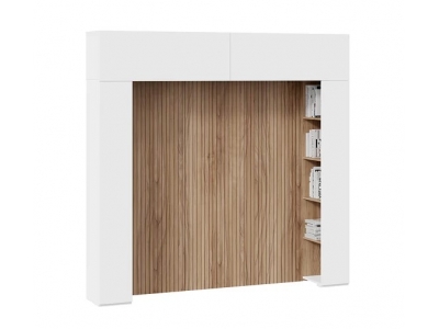 Шкаф навесной Порто 366 со стеллажами и декоративными панелями (Белый Жемчуг, Яблоня Беллуно, Белый софт)